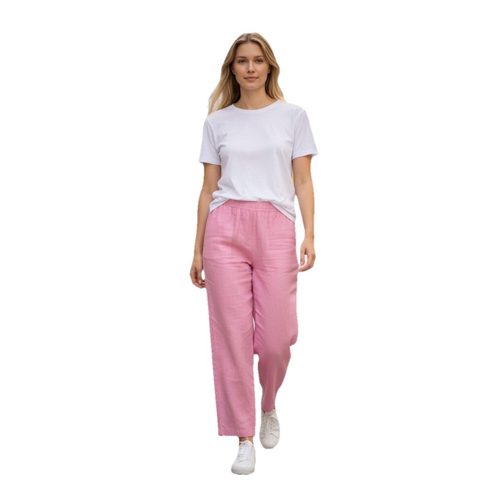 Real Comfort 100% Linen Pull On Pants Hot Pink M Cropped Tapered Leg